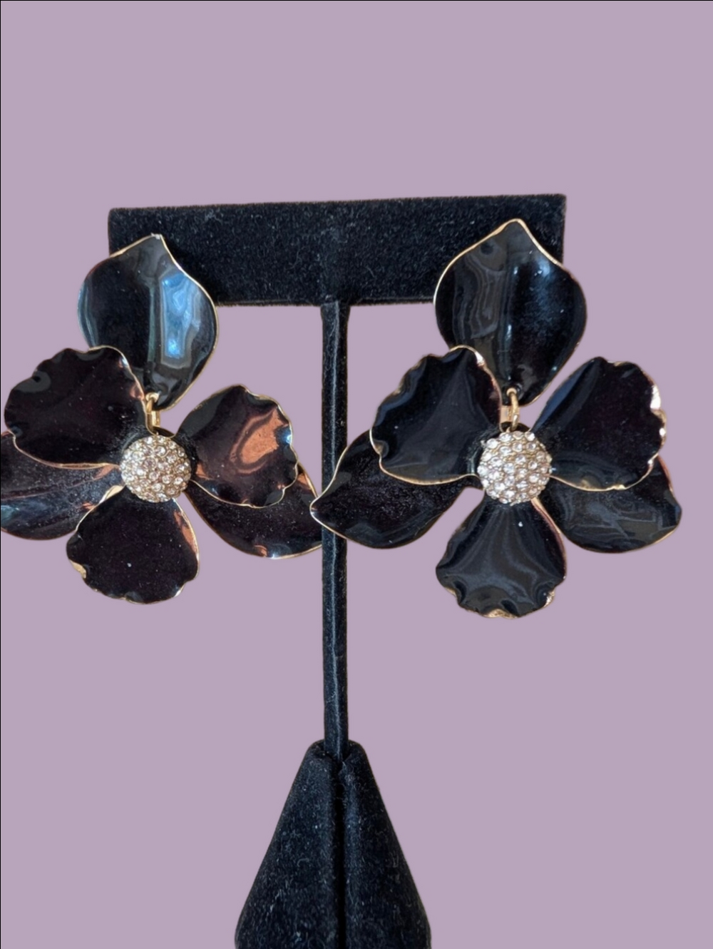 Vintage Black Enamel Floral Crystal Center Drop Earrings 1990s Women Jewelry